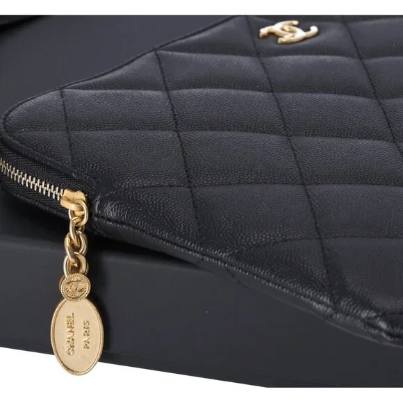 CHANEL Matelasse Clutch Bag Quilted Zip Pouch Black Caviar Leather Full Set - Picture 5 of 9